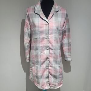 Infinity Woman Cotton Blend Plaid Nightshirt w/ Metallic Accents Small Pink Gray